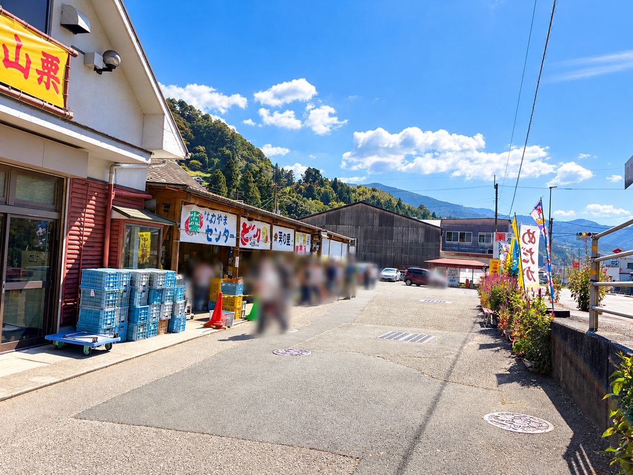 なかやま栗センター前の通り。国道沿いに店が並ぶ